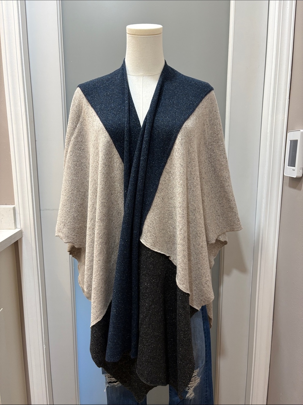 Three Dots Colorblock Draped Poncho in Navy and Beige